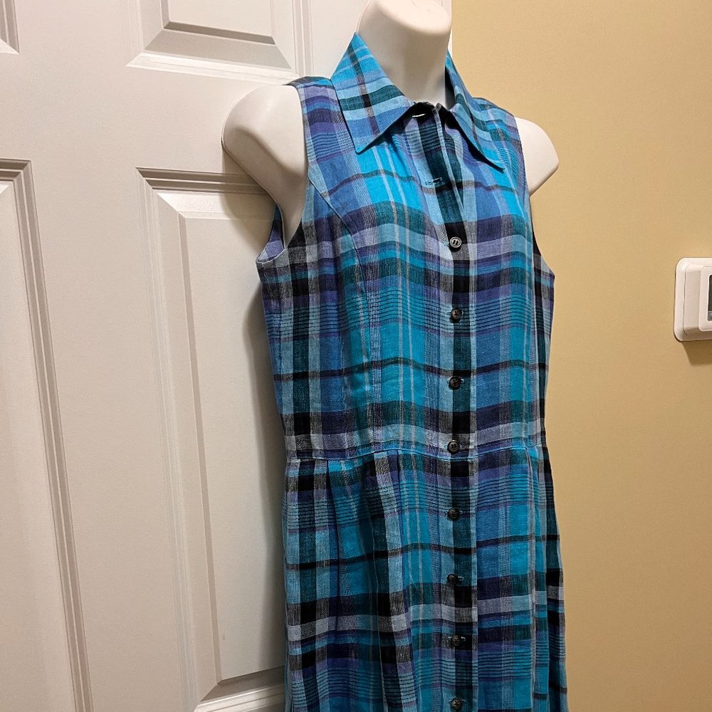 Ellen Tracy Sleeveless Blue Plaid Linen dress